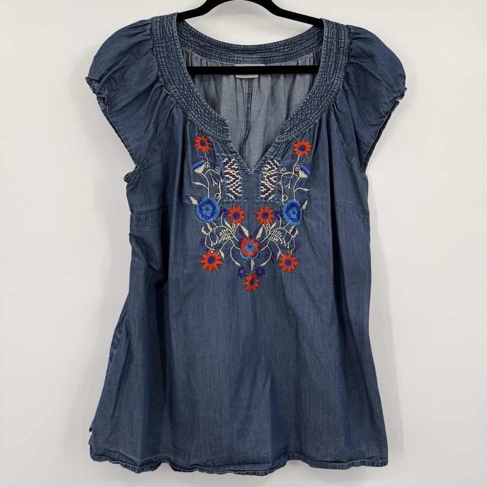 EShakti Tunic Blouse Womens 2X Blue Chambray Embroidered V-Neck Cap Sleeve